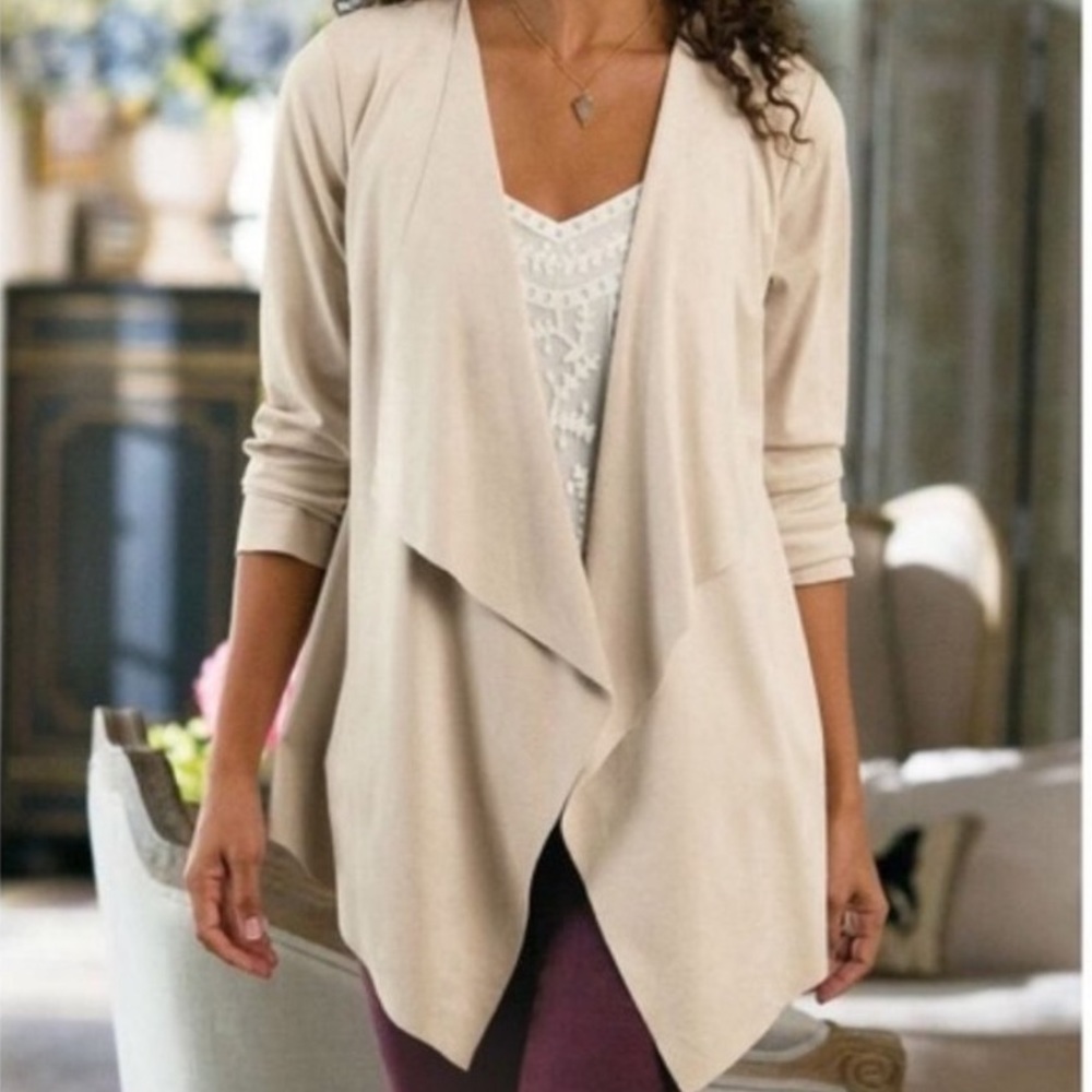Soft Surroundings Faux Suede Open Drape Tan Cardigan